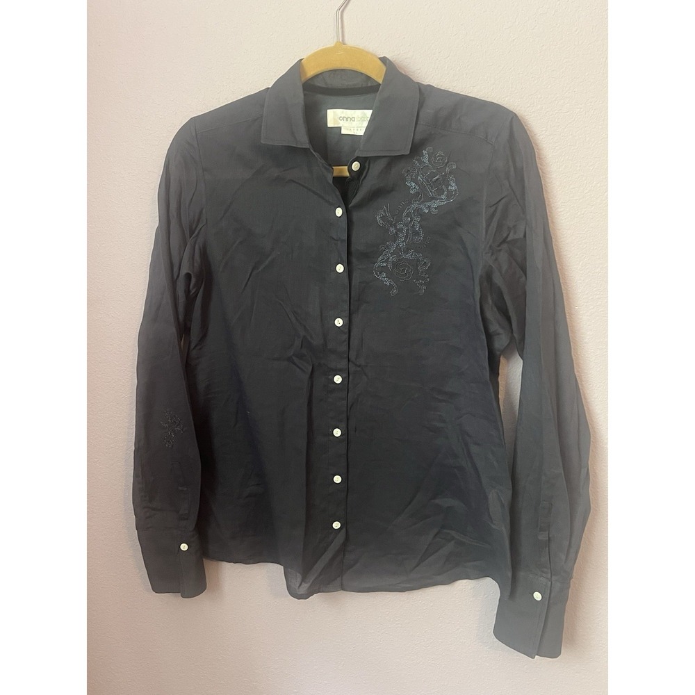 Onna Ibiza Embroidered Navy Blue Button Up Blouse Shirt Semi Sheer Size Large